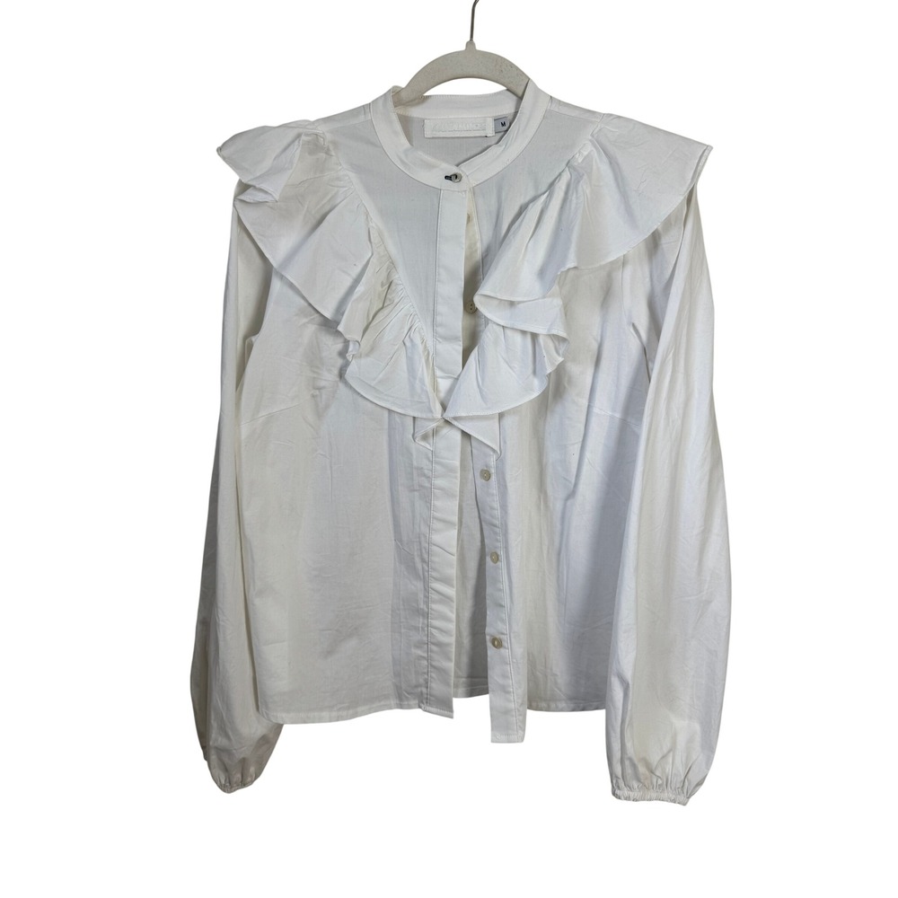 Nanaminze White Ruffle Yoke Mandarin Collar Button Down Blouse Womens Medium